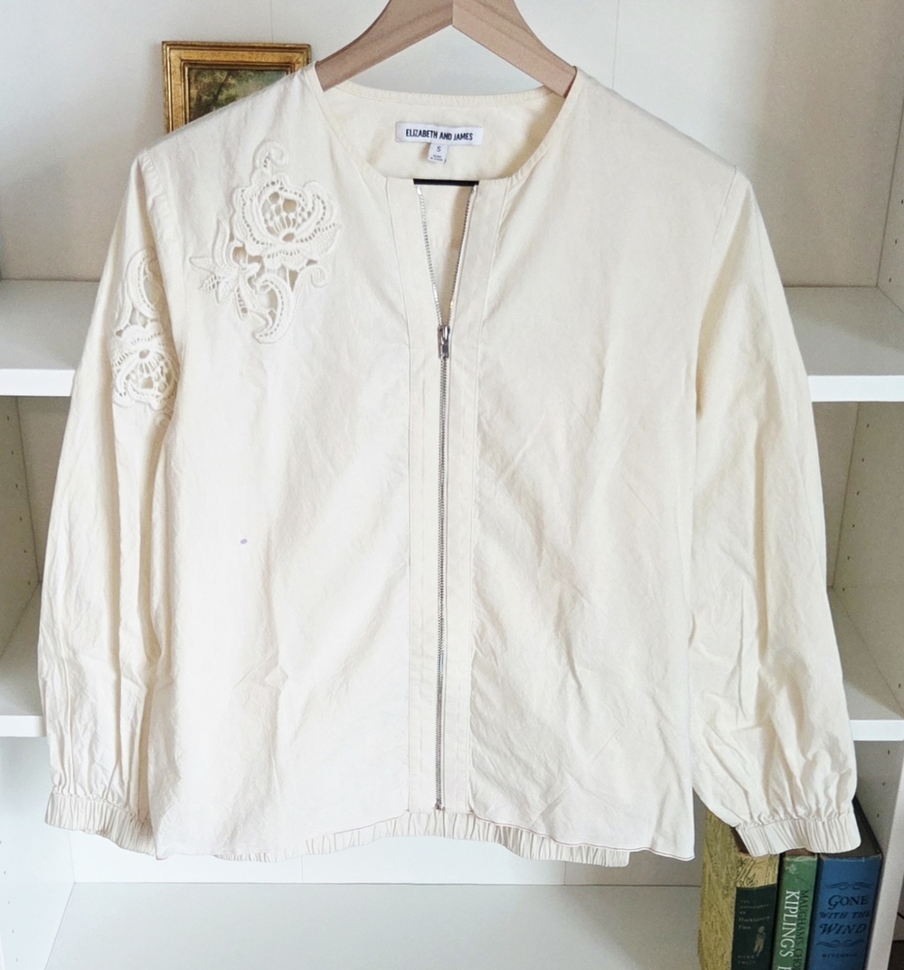 Elizabeth and James Ivory Eyelet Embroidered Zip Jacket Womens Size Small